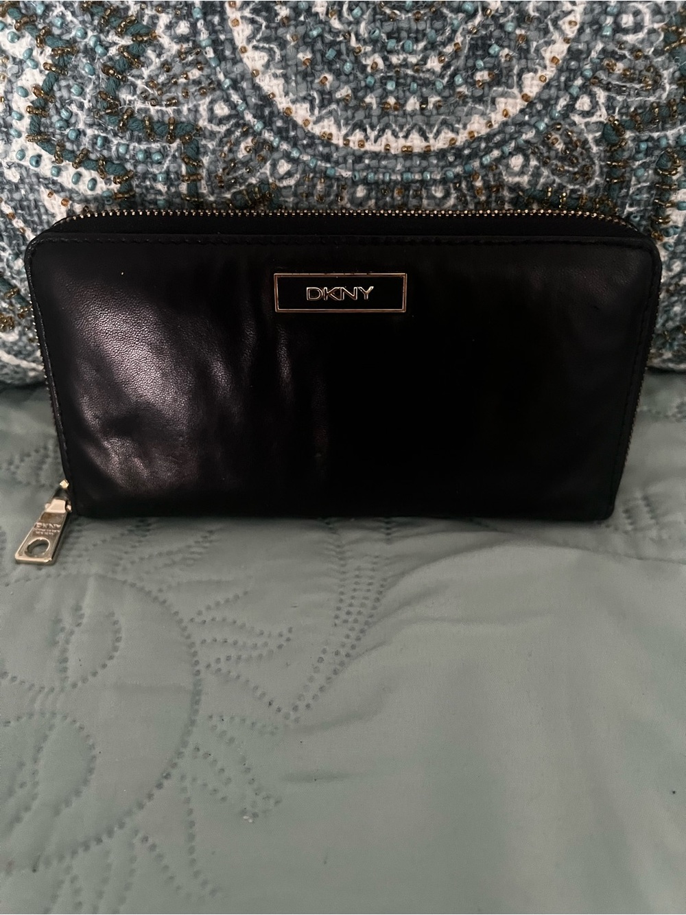 DKNY Black Leather Zip Wallet with Gold Hardware